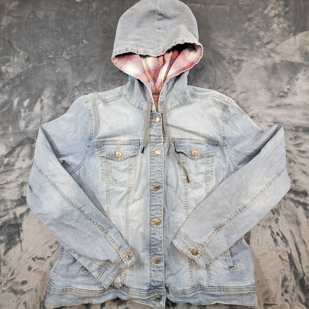 Maurices Womens XL Light Wash Denim Jacket Plaid Lined Hooded Distressed Cotton